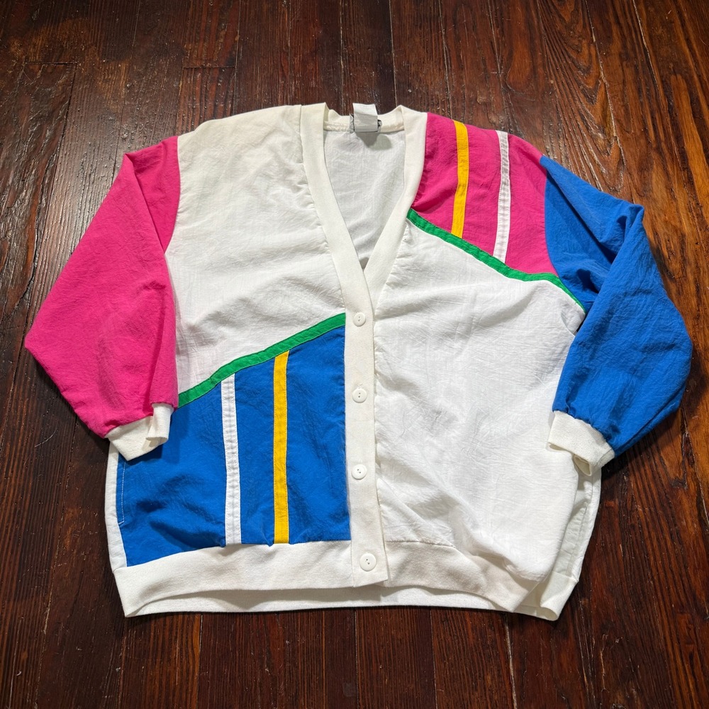 Vintage 80s LA Attitude Cardigan Women L White Colorblock Made in USA